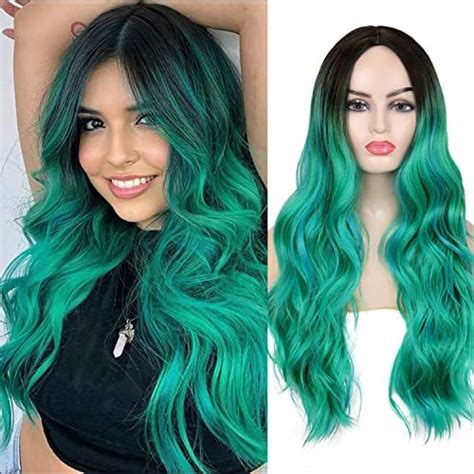 Xuehua Wigs For Women26in Long Ombre Green Center Parting Wavy Wigs For Womenbig