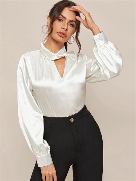 Twist Keyhole Neck Lantern Sleeve Satin Top In 2022 Satin Top Blouses