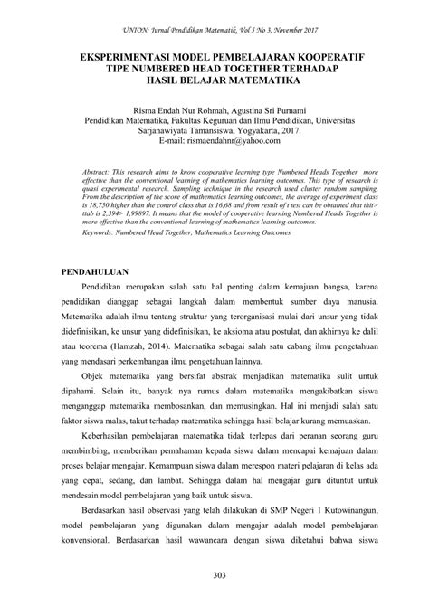 PDF Eksperimentasi Model Pembelajaran Kooperatif Tipe Numebered Head