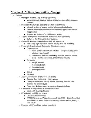 MGMT Exam 4 Review Guide Exam 4 Study Guide 12 Ch 8 Culture