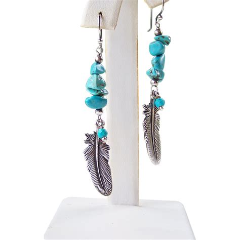 Turquoise Nugget Feather Earrings Western Chic Boho Dangle Sterling