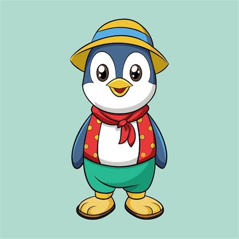 Pingüino en sombrero de paja de verano mascota dibujada a mano