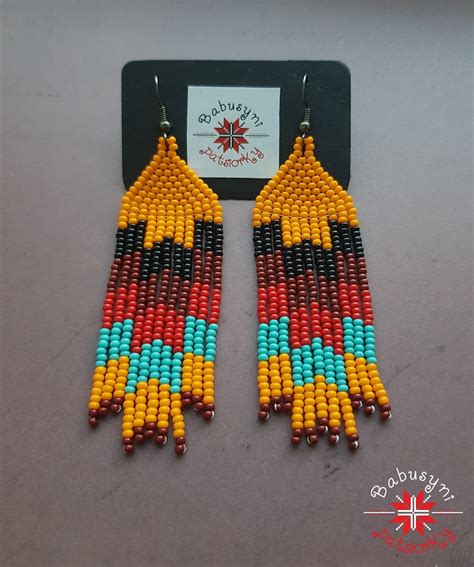 Seed Bead Earrings Orange Black Beaded Earrings Native Style Etsy