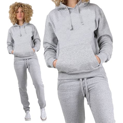 Womens Plain 2 Piece Tracksuit Joggers Hooded Top Casual Trouser String S 5xl