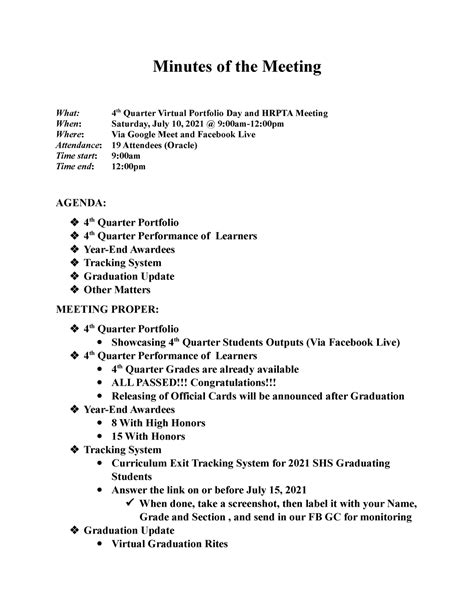 Minutes Of The Meeting 4th Quarter Virtual Portfolio Day And Hrpta