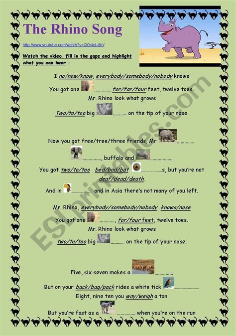 The Rhino Song A Delightful Little Masterpiece Esl Worksheet By