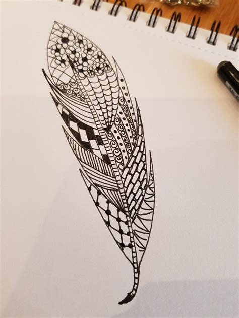 Zen Tangle Feather Before Colour By Kay Zentangle Feather Tangled