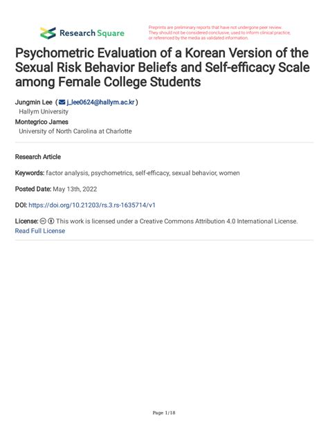 Pdf Psychometric Evaluation Of A Korean Version Of The Sexual Risk