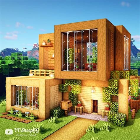 Lets Build A Wooden Modern House By Sheepggmc Easy Minecraft Houses