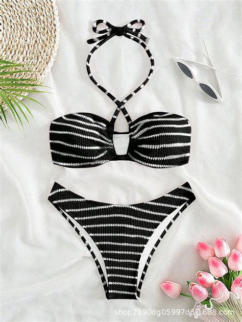 Generic 2025 New Striped Swimsuit Sexy Three Point Bikini Split Swimsuit Female Summer Walmart