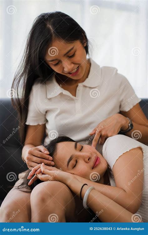 Lesbian Couple Concept Beautiful Asian GirlLesbian Couple In A Room At Home With A Smiling Face