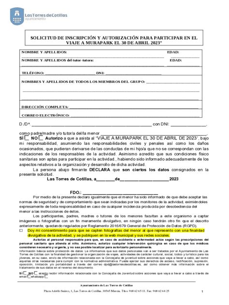 Completable En línea SOLICITUD DE INSCRIPCIN Y AUTORIZACIN PARA