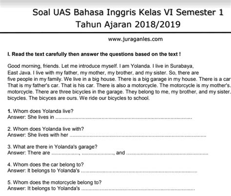 Soal Bahasa Inggris Sd Kelas 6 Semester 1 Sinau