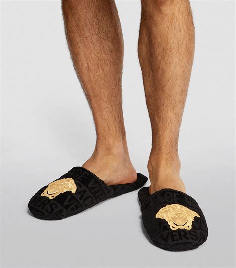 Mens Versace Black Embroidered Medusa Slippers Harrods Au