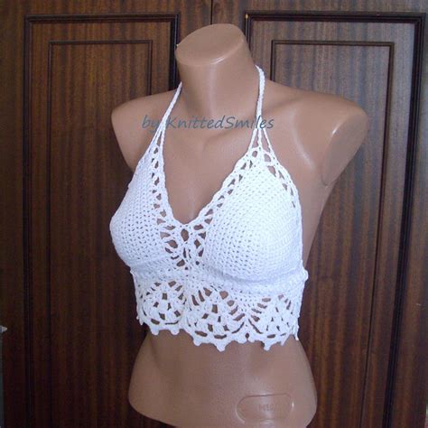 Crochet Halter Top Bikini White Backless Crop Top Lace Etsy