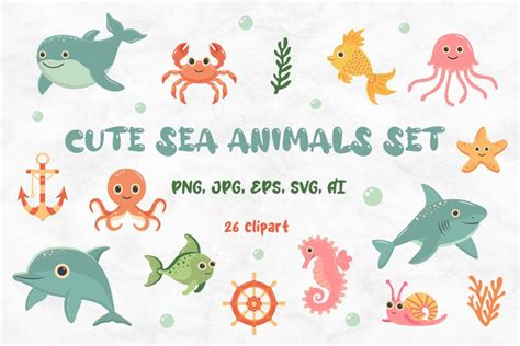 Cute sea animals set. Fish, marine animals, underwater