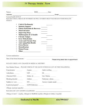 Fillable Online IV Therapy Intake Form Dedicated To Health M 626 799