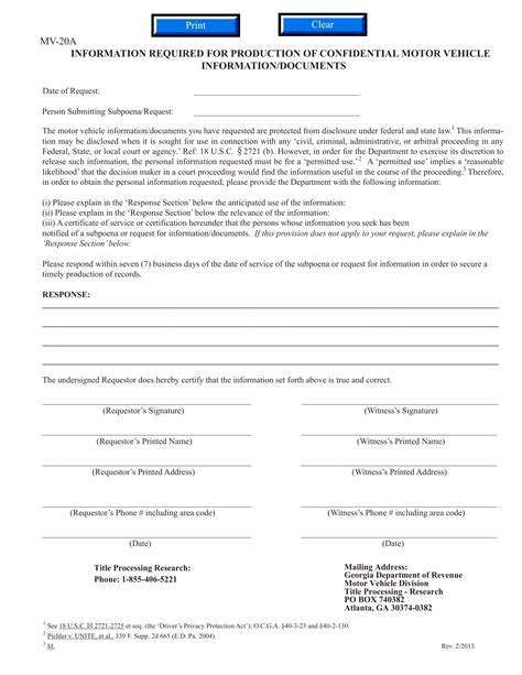 GA DMV Form MV-20A Information Required for Production of Confidential