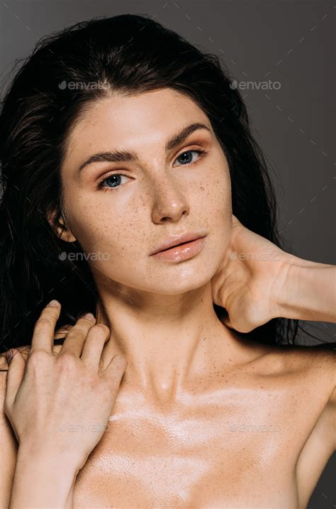 Naked Tender Girl With Freckles On Face Isolated On Grey Stock Photo By