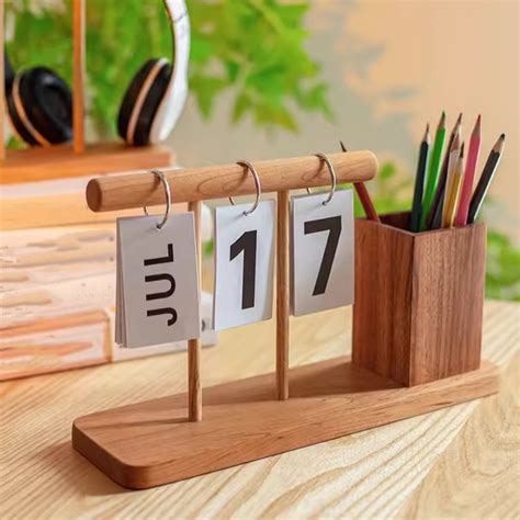 Wooden Desktop Calendar with Pen Holder – RusticReach