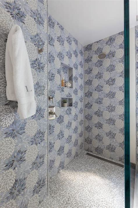 White And Blue Mosaic Floral Pattern Shower Wall Tiles Transitional Bathroom