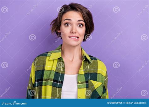 Portrait Of Worried Puzzled Funky Lady Teeth Biting Lips Wear Plaid Outfit Isolated On Pastel