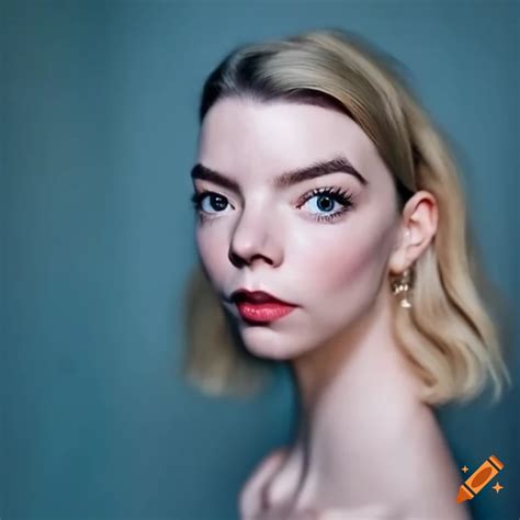 Anya Taylor Joy With Pale Blue Eyes Against A Light Blue Wall On Craiyon