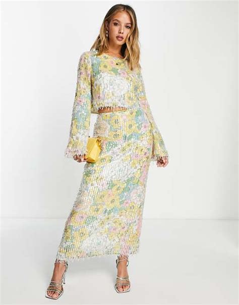 Asos Edition Pastel Floral Print And Sequin Midi Skirt With Fringe Asos