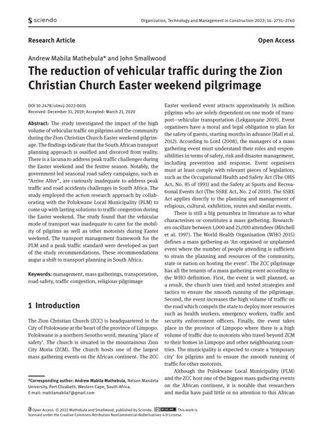 (PDF) The reduction of vehicular traffic during the Zion Christian ...