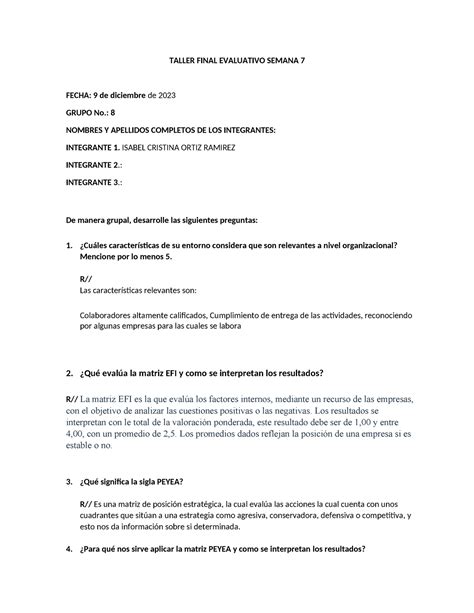 Taller 3w6y5hjtynh Taller Final Evaluativo Semana 7 Fecha 9 De Diciembre De 2023 Grupo No