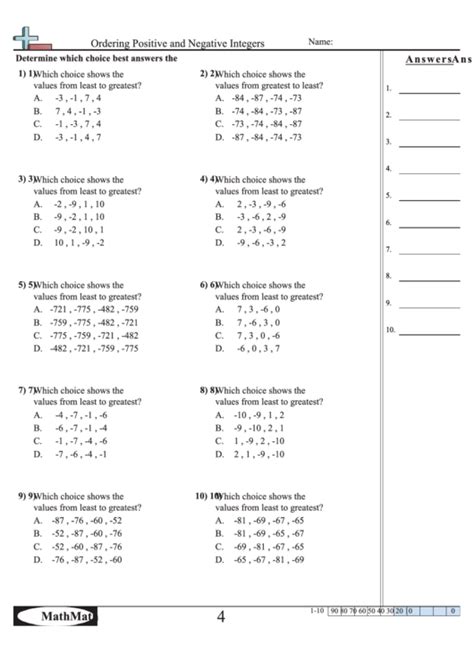 Ordering Positive And Negative Integers Worksheet Printable Pdf Download