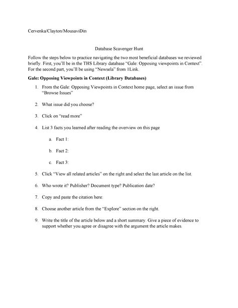 Database Scavenger Hunt Cervenka Clayton Mousavidin Database
