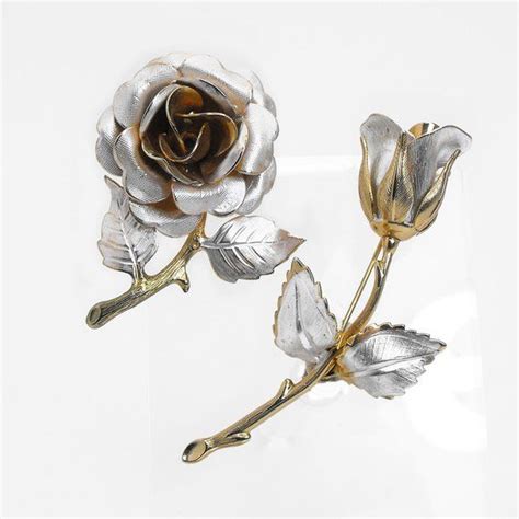 Mid Century Frosty Silver Gold Rose Brooches Giovanni Romantic Bridal