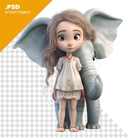 Renderização digital 3d de uma menina bonita um elefante isolado em