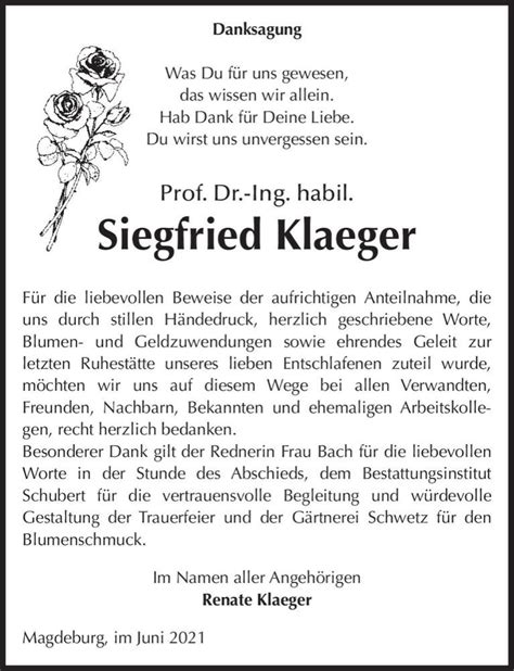 Traueranzeigen Von Prof Dr Ing Habil Siegfried Klaeger