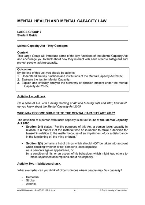 U7 Mental Capacity Act Introduction Student Guide MENTAL HEALTH