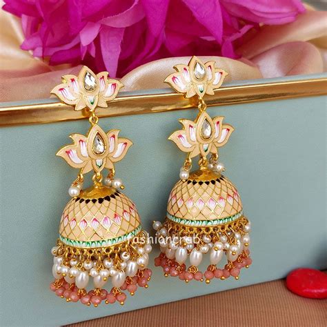 indian bollywood style peach meenakari lotus jhumka earring  wedding