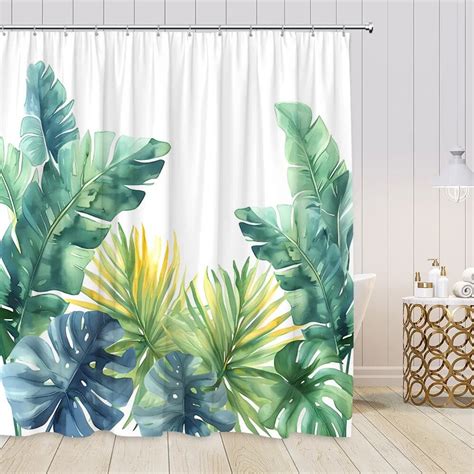 Tropical Leaves Shower Curtains Monstera Palm Leaf Watercolour Plants