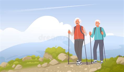 Seniors on Hiking. Mature Man and Woman with Backpacks and Sticks Climb ...