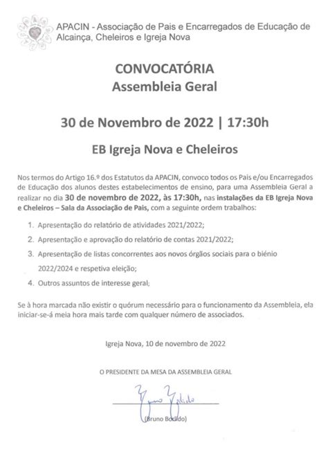 Convocatória para Assembleia Geral de 30 de Novembro de 2022 APACIN