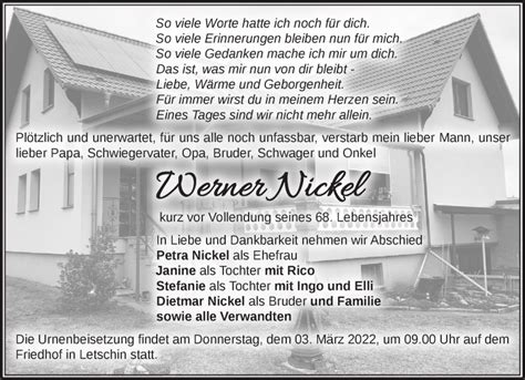 Traueranzeigen von Werner Nickel Märkische Onlinezeitung Trauerportal