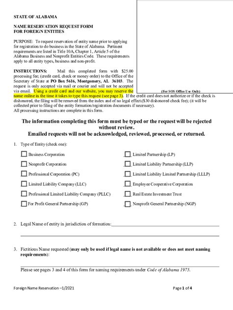 Fillable Online Fill Iostate Of Alabama Name Reservationfillable State