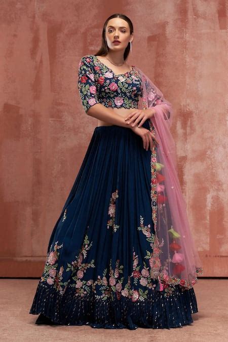 Buy Blue Georgette Crepe Embroidered Floral Motifs Round Lehenga Set