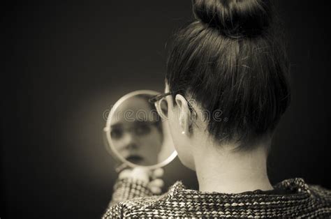 Woman Looking At Self Reflection In Mirror Stock Photo Image Of