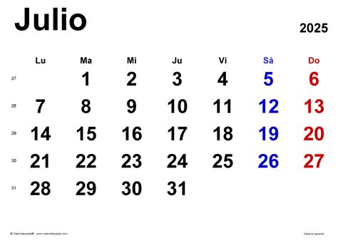 Calendario Julio 2025 En Word Excel Y Pdf Calendarpedia