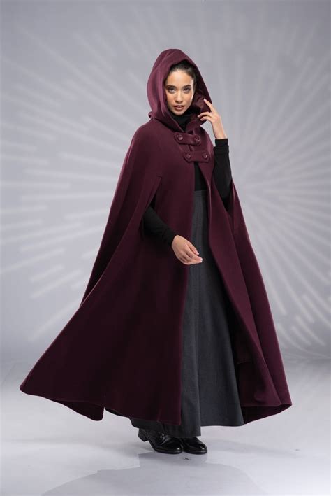 Women's Wool Cloak Coat with Hood, Maxi Hooded Cape for Winter, Plus ...