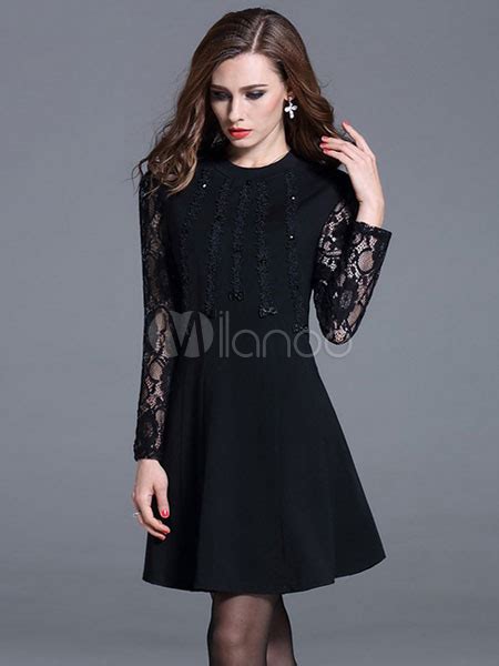 Black Skater Dress Lace Embellished Long Sleeve Dress Crew Collar