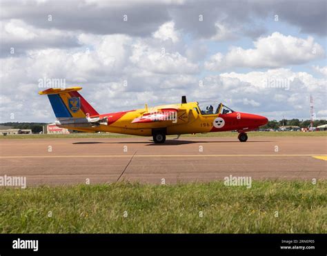 A Swedish Saab 105 jet trainer aircraft prepares to leave the 2023 ...