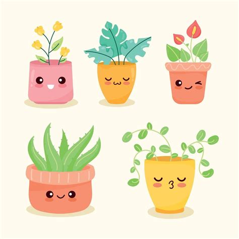 Five Kawaii Plants Icons Vector Art At Vecteezy