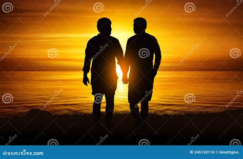 Pareja Gay Se Da La Mano En La Playa Al Atardecer Foto De Archivo Imagen De Silueta Recorrido